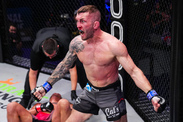 Stevie Ray celebrates after defeating Anthony Pettis during PFL 5 at the Overtime Elite Arena on June 24, 2022 in Atlanta, Georgia.