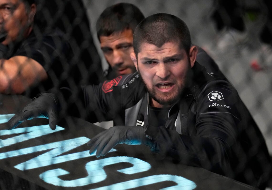 UFC hall of famer Khabib Nurmagomedov is seen in the corner of his cousin Abubakar Nurmagomedov of Russia during his welterweight fight against Gad...