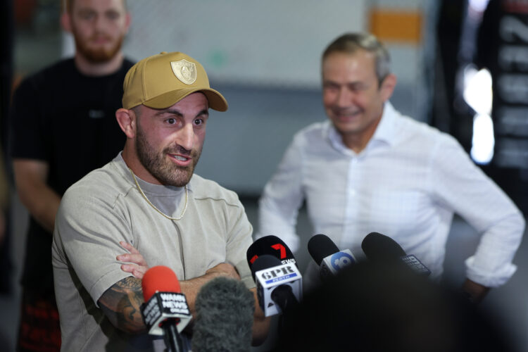 UFC No 1 Featherweight fighter Alex Volkanovski speaks during the UFC 305 Announcement Media Call at Scrappy MMA on March 27, 2024 in Perth, Austra...