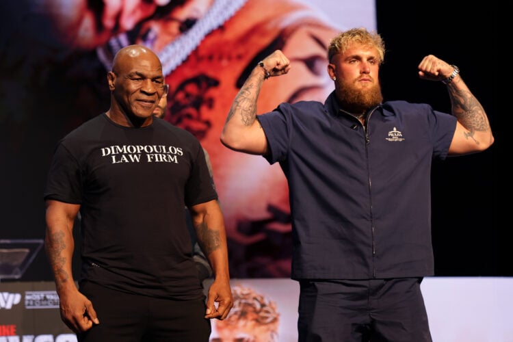 Mike Tyson and Jake Paul attend the Jake Paul vs. Mike Tyson press conference at The Apollo Theater on May 13, 2024 in New York City.