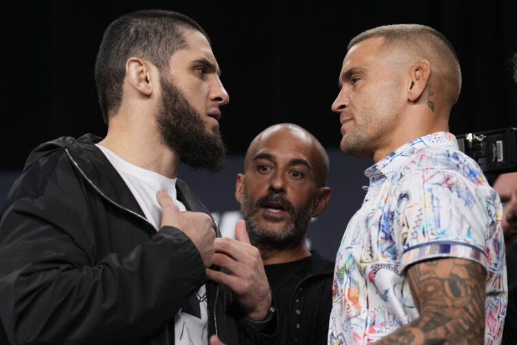 (L-R) Opponents Islam Makhachev of Russia and Dustin Poirier face off during the UFC 302 press conference at Prudential Center on May 30, 2024 in N...