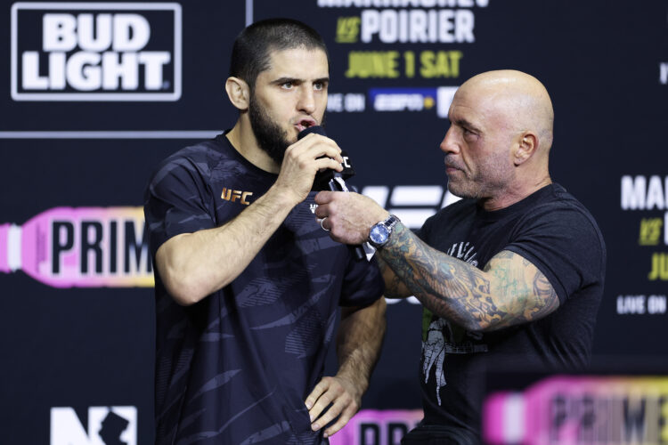 Islam Makhachev speaks into the microphone during the UFC 302 Ceremonial Weigh-in at Prudential Center on May 31, 2024 in Newark, New Jersey.