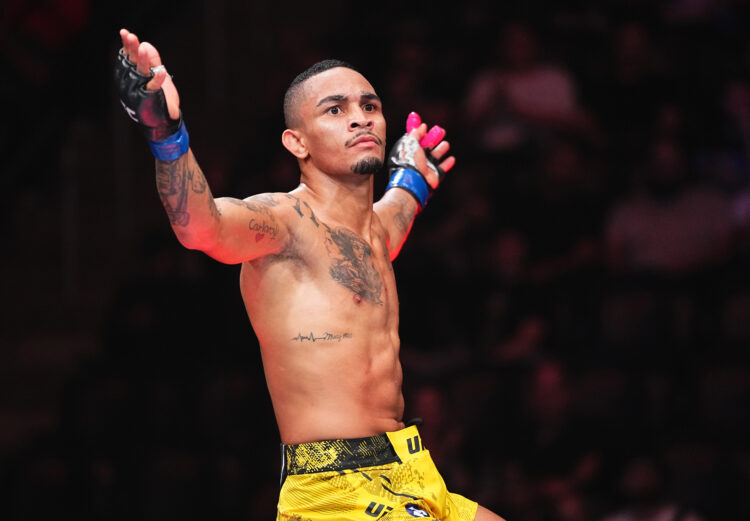 Andre Lima of Brazil reacts after the conclusion of his flyweight fight against Mitch Raposo during the UFC 302 event at Prudential Center on June ...