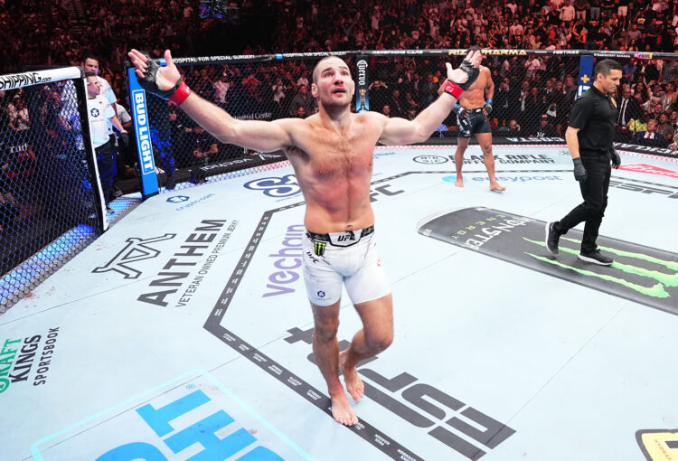 Sean Strickland reacts after the conclusion of his middleweight fight against Paulo Costa of Brazil during the UFC 302 event at Prudential Center o...