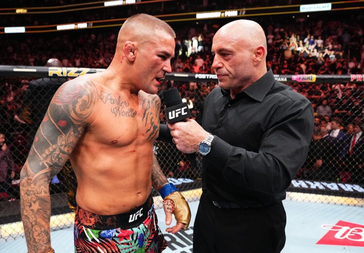 Dustin Poirier reacts after his submission loss against Islam Makhachev of Russia in the UFC lightweight championship fight during the UFC 302 even...