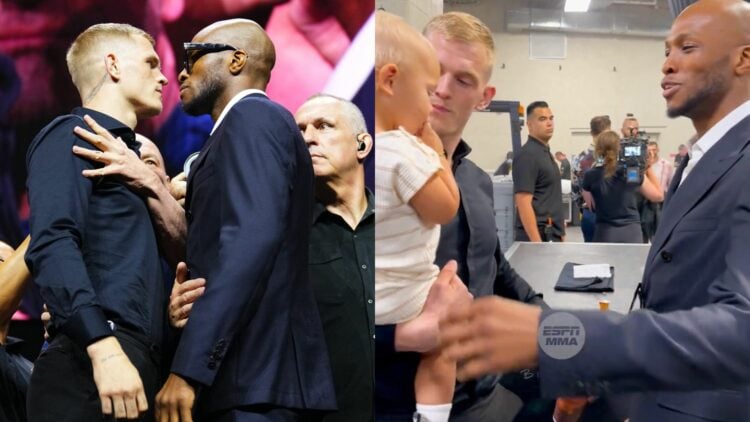 Composite image showing Ian Machado Garry and Michael 'Venom' Page in two meetings at the UFC 303 press conference