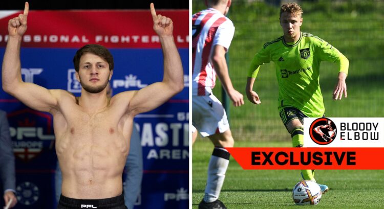 Composite image showing Ibragim Ibragimov and his brother Amir Ibragimov with a tag that reads 'Bloody Elbow EXCLUSIVE'