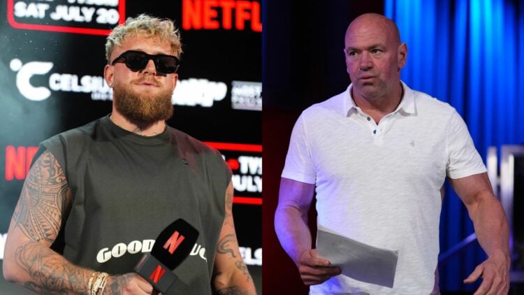 Composite image showing Jake Paul holding a Netflix microphone and Dana White looking concerned