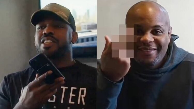Composite image showing Jon Jones and Daniel Cormier during a phone call