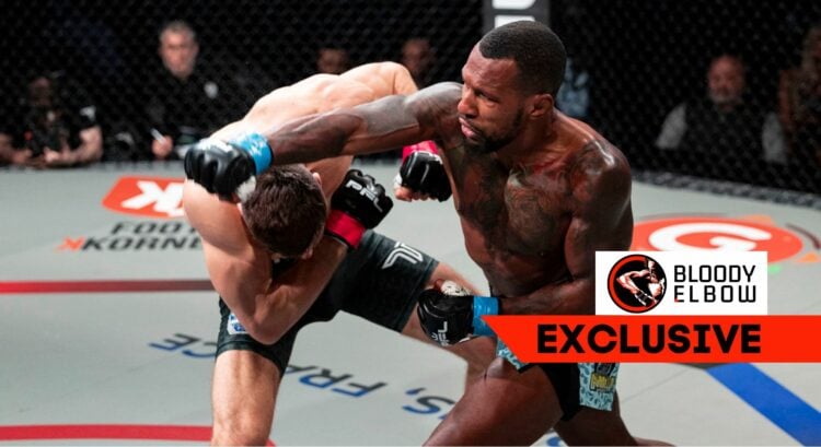 Photo of Kane Mousah punching his opponent during a PFL fight. Text overlaid reads 'Bloody Elbow Exclusive'