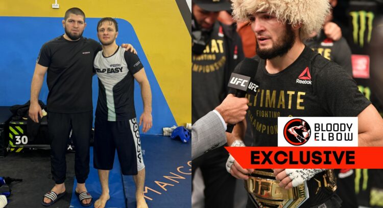 Composite image with text overlayed that reads 'Bloody Elbow EXCLUSIVE' Left slide shows Khabib Nurmagomedov in a gym with Ibragim Ibragimov after ...