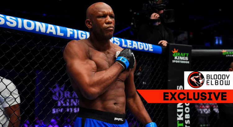 Linton Vassell ahead of his PFL debut, with overlay text that reads "Bloody Elbow Exclusive"