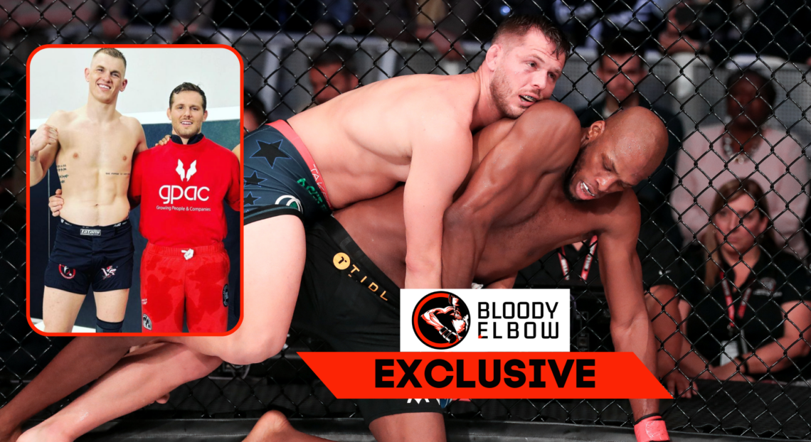 Composite image showing a main photo of Logan Storley wrestling with Michael Venom Page and a box with a picture of Storley with Ian Machado Garry