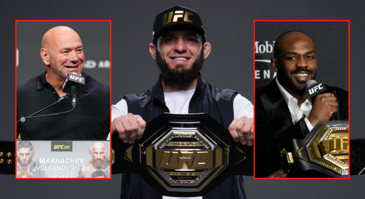 Side by side of Islam Makhachev, Dana White and Jon Jones