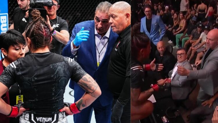 Composite image showing Mayra Bueno SIlva pleading her case during her UFC 303 fight