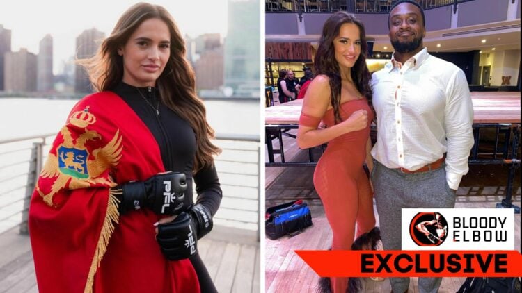 Composite image with the writing "Bloody Elbow Exclusive" over a set of photos showing Melissa Balic. In the left slide she wears PFL gloves and a ...