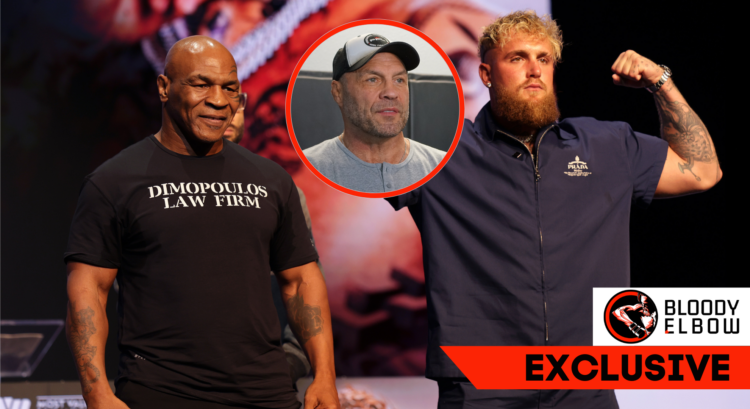 Main photo: Mike Tyson and Jake Paul Bubble: Randy Couture Overlay text reads: Bloody Elbow EXCLUSIVE