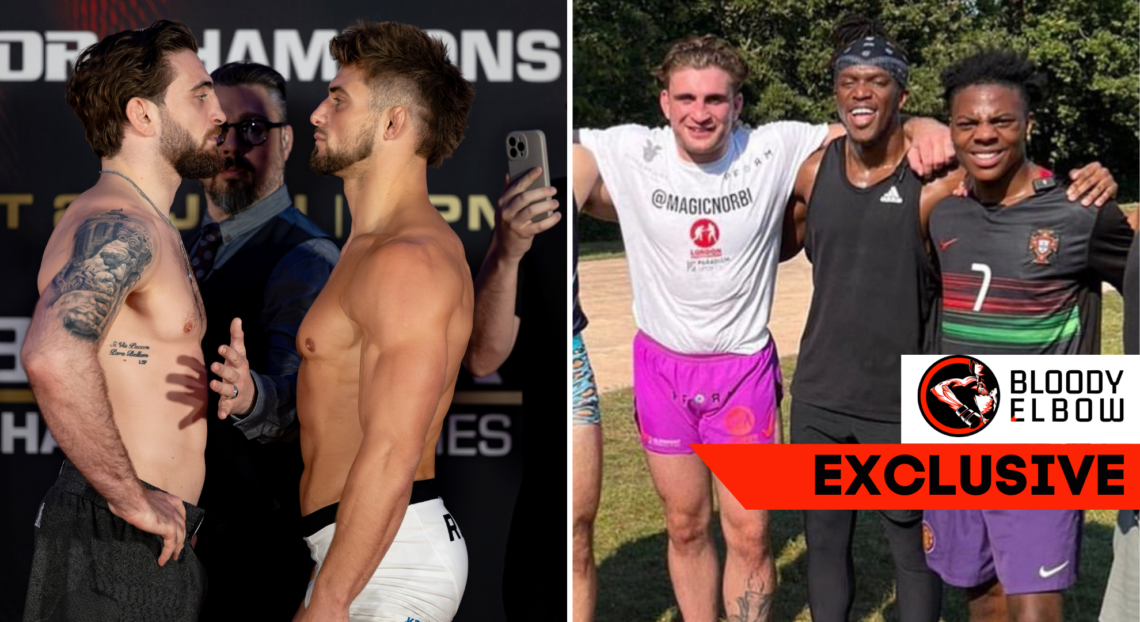 Composite image: Left slide shows Norbert Novenyi Jr and Dalton Rosta facing off. Right slide shows Norbert Novenyi Jr with KSI and iShowSpeed