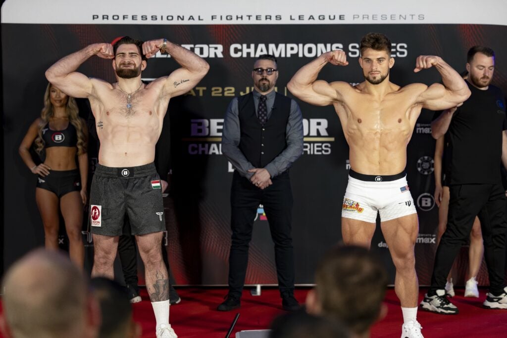 Norbert Novenyi Jr and Dalton Rosta flex at the weigh in for their Bellator Dublin fight
