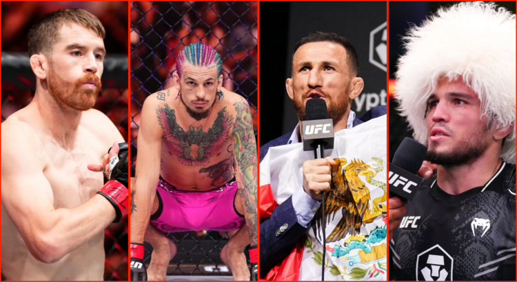 Side by side of Cory Sandhagen, Sean O Malley, Merab Dvalishvili and Umar Nurmagomedov