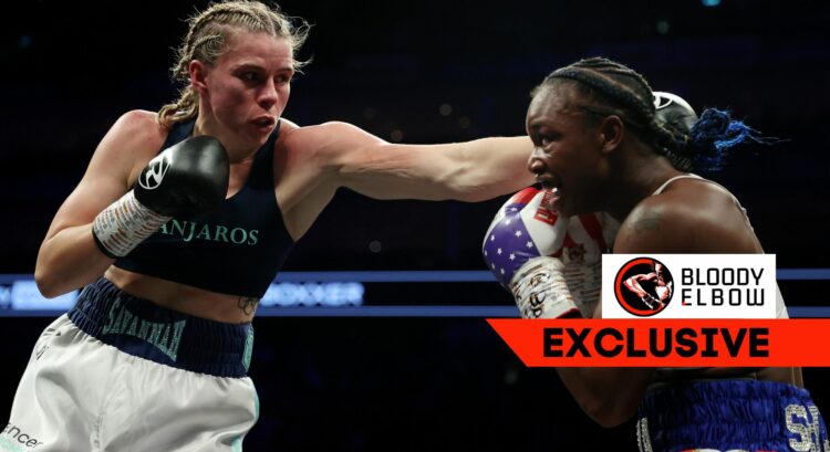 Image showing Savannah Marshall punching Claressa Shields in their boxing match. Image also has overlay text that reads 'Bloody Elbow Exclusive'