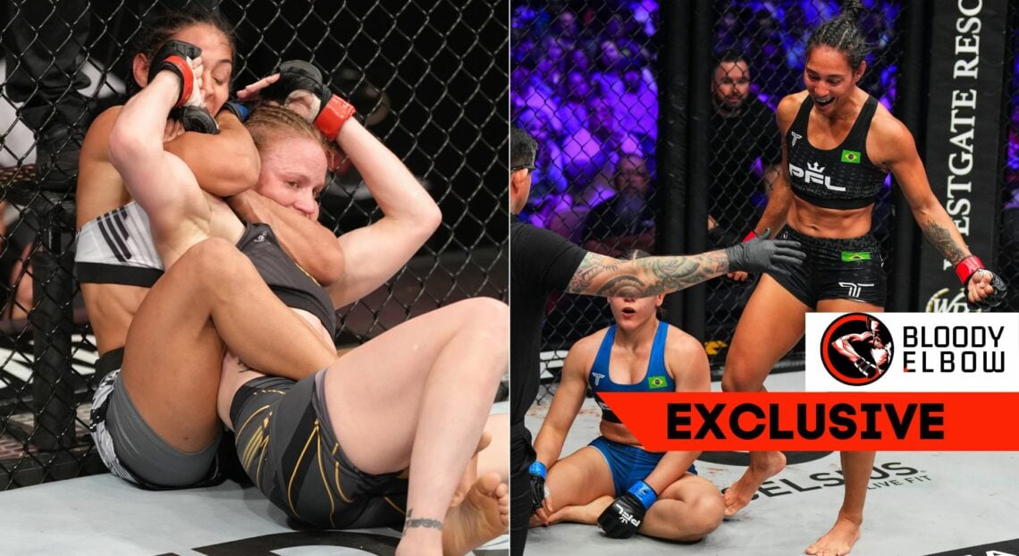 Composite image showing Taila Santos and Valentina Shevchenko and Taila Santos after stopping Ilara Joanne
