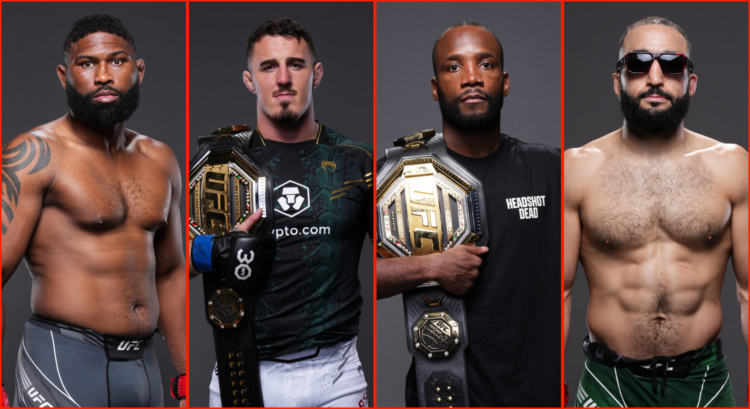 Side by side of Curtis Blaydes, Tom Aspinall, Leon Edwards, and Belal Muhammad