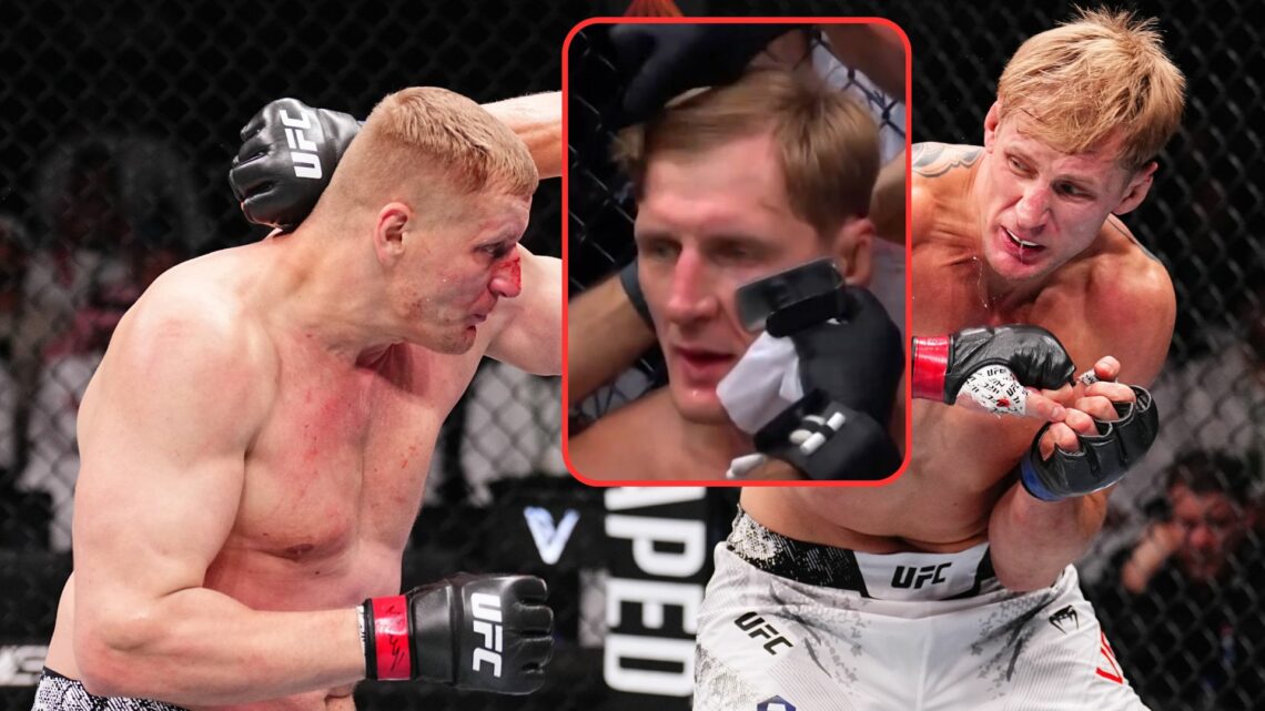 Composite image showing Alexander Volkov fighting Sergei Pavlovich, with a box showing him having his hair combed between rounds