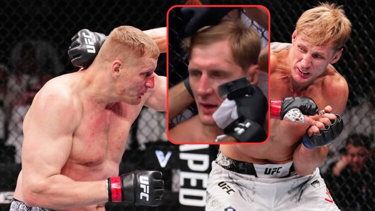 Composite image showing Alexander Volkov fighting Sergei Pavlovich, with a box showing him having his hair combed between rounds