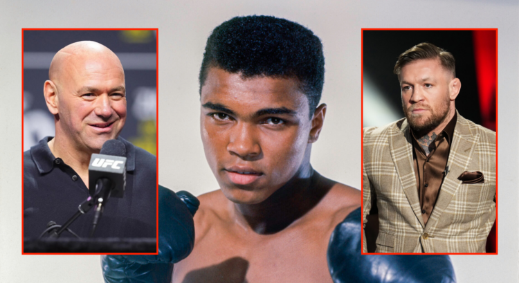 Split image of Dana White, Muhammad Ali and Conor McGregor