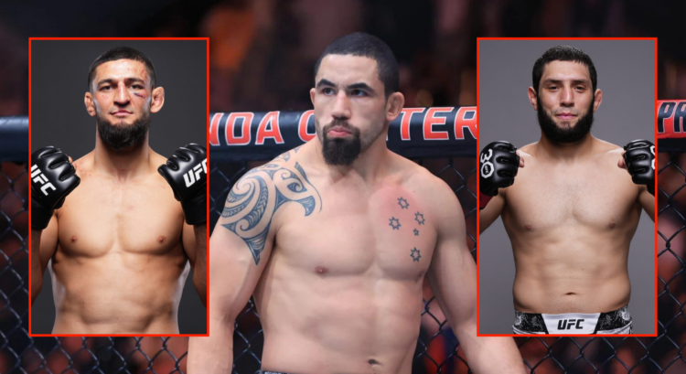 Side by side of Robert Whittaker, Khamzat Chimaev and Ikram Aliskerov