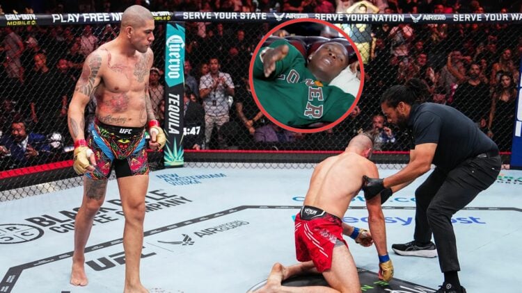 Alex Pereira standing over Jiri Prochazka, with a bubble showing Israel Adesanya