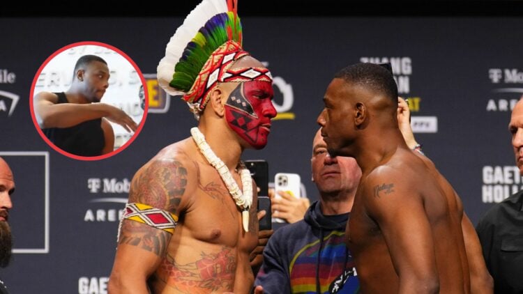 Main picture shows Alex Pereira in face paint staring down Jamahal Hill. Bubble to top left shows Jamahal Hill shaking his hands months later