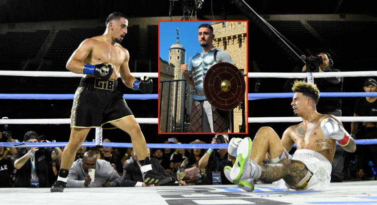 Main image shows AnEsonGib dropping Austin McBroom in a boxing fight. Block photo shows him in Medieval MMA gear