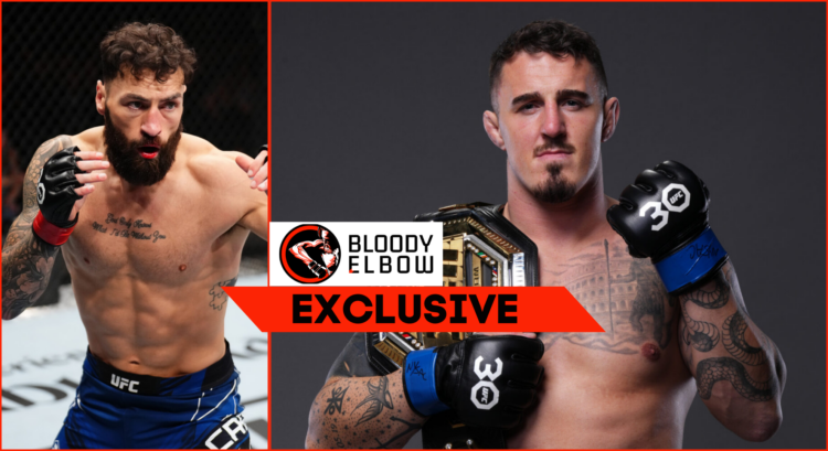 Side by side of Tom Aspinall with the interim UFC heavyweight title, and Paul Craig fighting at the O2 in 2023