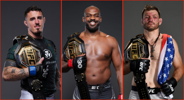 Side by side of Tom Aspinall, Jon Jones and Stipe Miocic