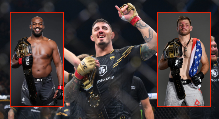 Pop out of Tom Aspinall after his KO win at UFC 304, Stipe Miocic and Jon Jones with their heavyweight belts