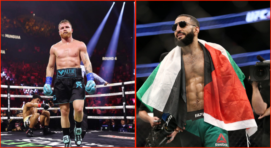 Side by side of Canelo Alvarez after beating Jaime Munguia and Belal Muhammad after beating Jordan Mein