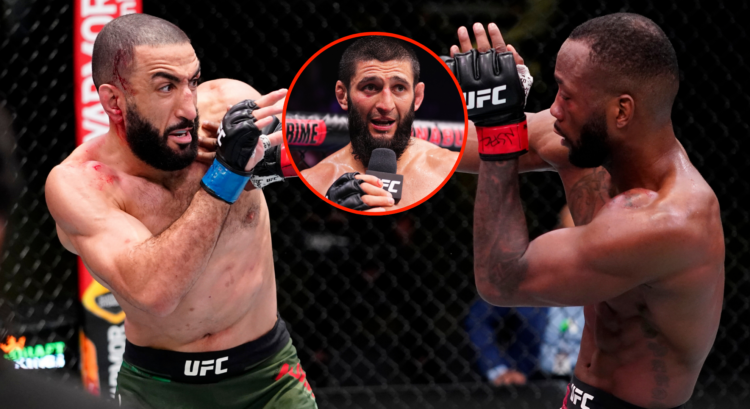 Main picture shows Belal Muhammad and Leon Edwards fighting, bubble photo is Khamzat Chimaev
