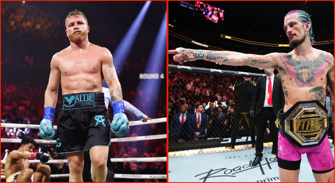 Left image shows Canelo Alvarez after dropping Jaime Munguia. Right image shows Sean O'Malley with his UFC belt, pointing