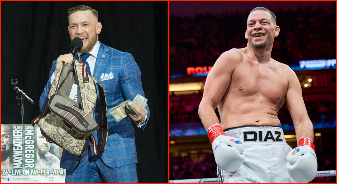Composite image showing Conor McGregor holding a wad of cash and Nate Diaz