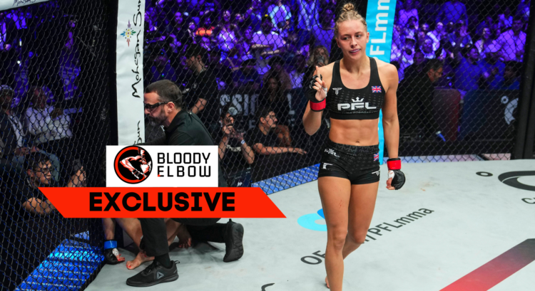 Dakota Ditcheva after winning a PFL fight with overlay text reading "Bloody Elbow EXCLUSIVE"