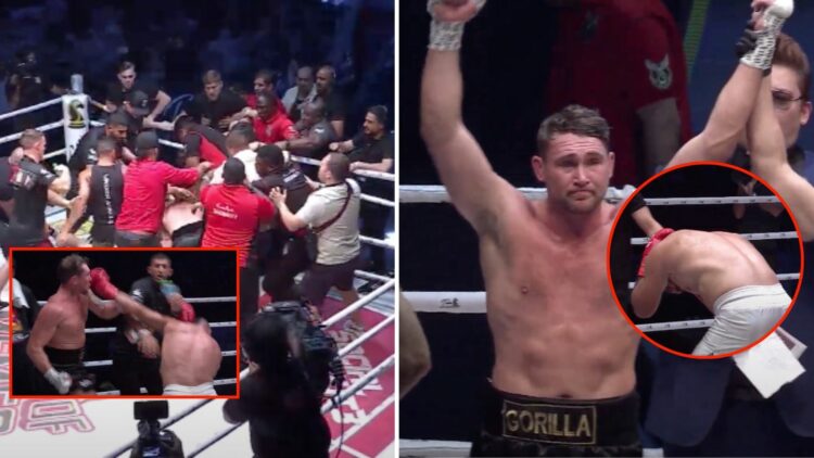 Composite image with four slides of Darren Till's boxing debut ending in a brawl