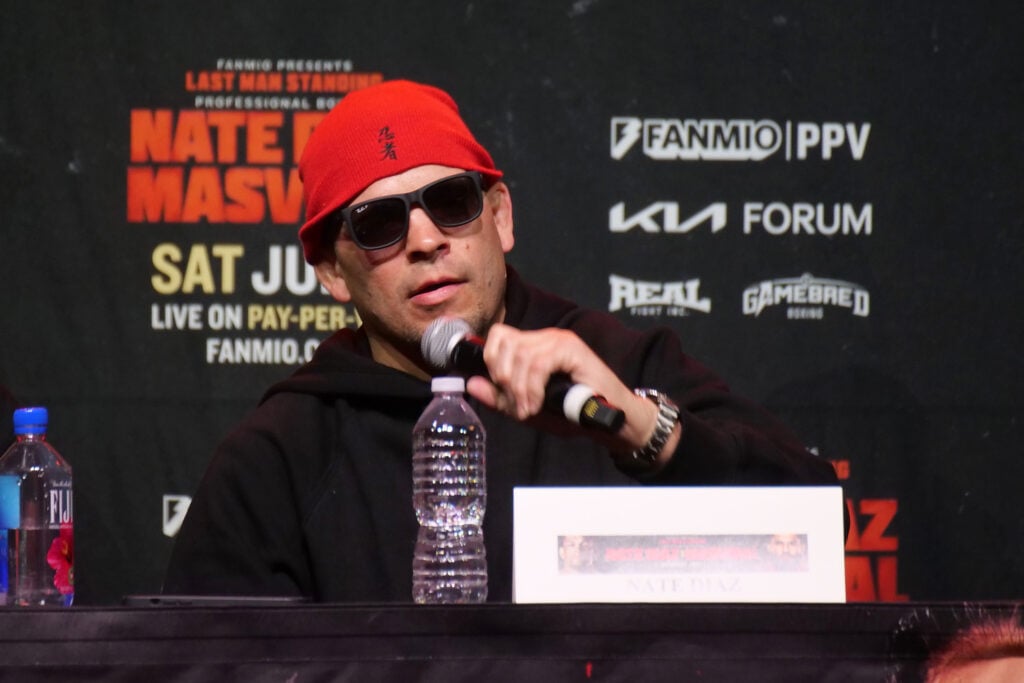 Nate Diaz speaks at a press conference to promote his boxing match with Jorge Masvidal