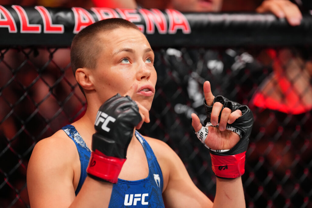 Rose Namajunas reacts to her fighter intro at UFC Denver for her fight vs. Tracy Cortez