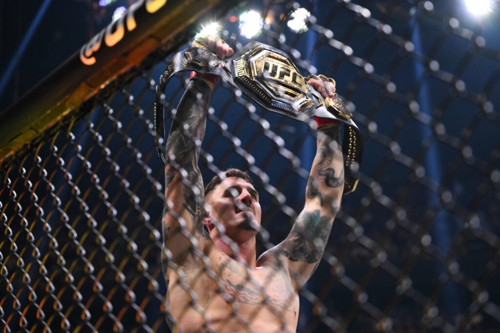 Tom Aspinall celebrating his UFC 304 win over Curtis Blaydes
