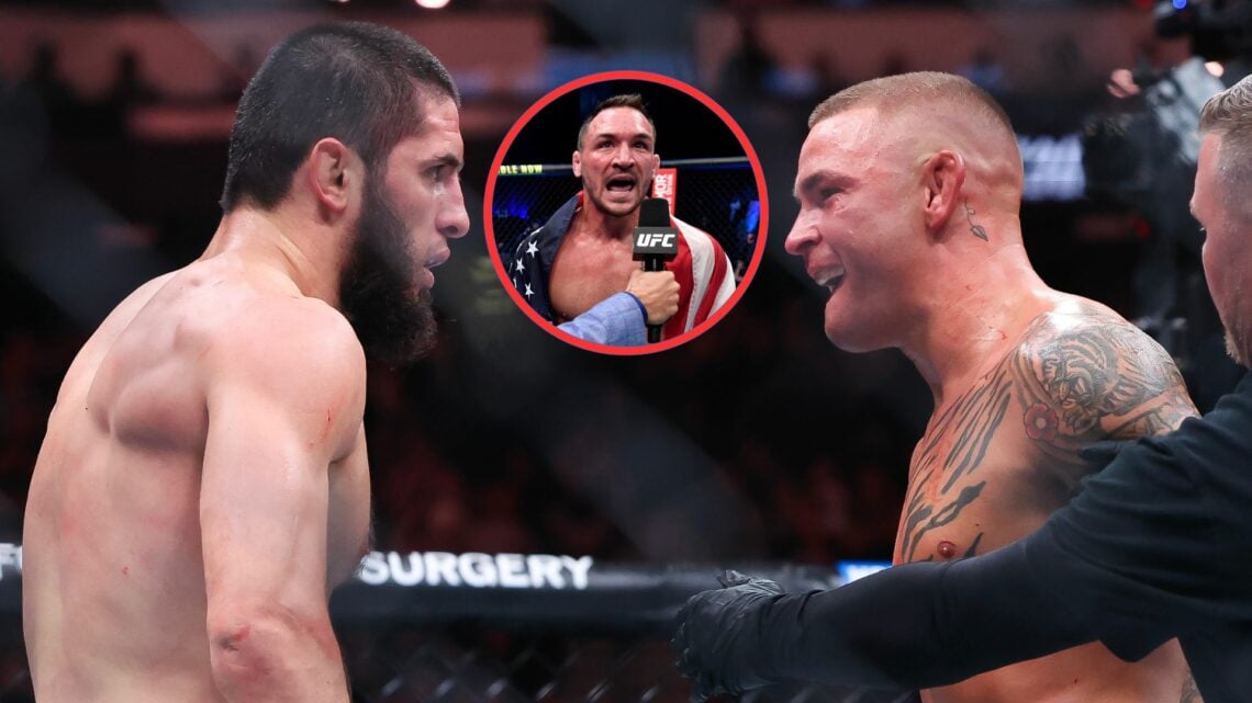 Islam Makhachev and Dustin Poirier facing off, with a bubble showing Michael Chandler