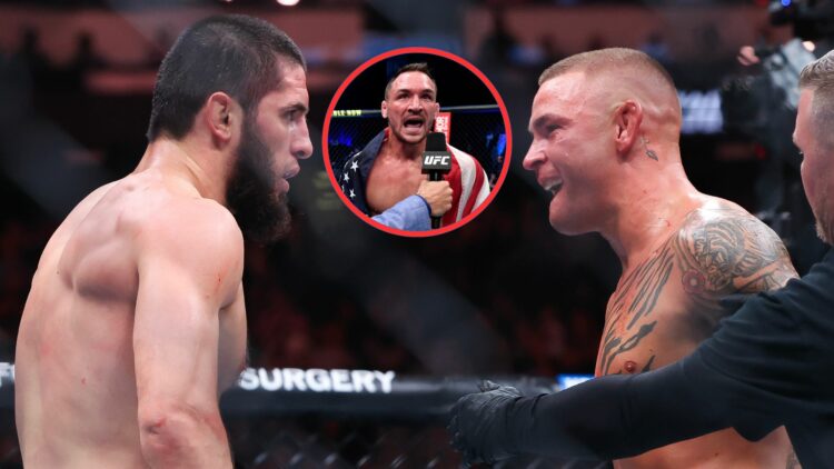 Islam Makhachev and Dustin Poirier facing off, with a bubble showing Michael Chandler