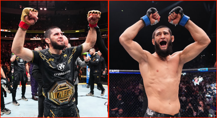 Composite image showing Islam Makhachev and Khamzat Chimaev