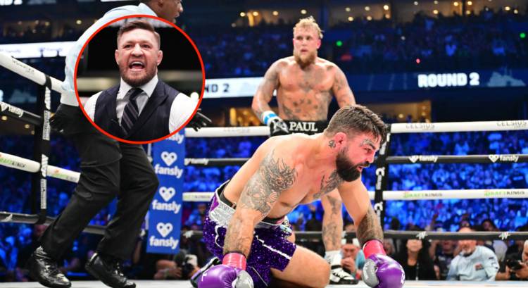 Jake Paul after dropping Mike Perry, with a bubble showing an angry Conor McGregor